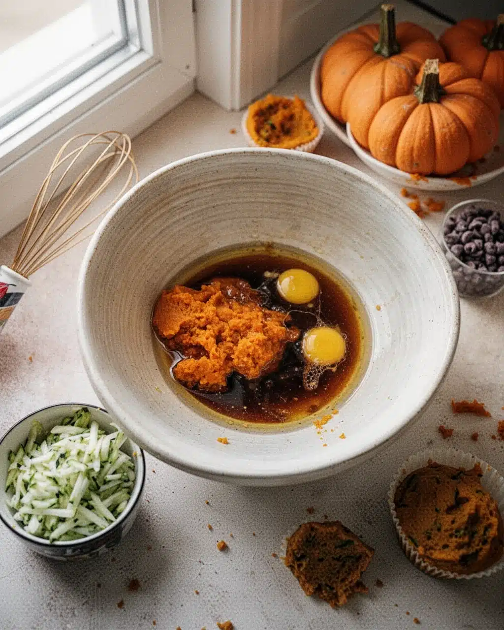 Pumpkin Zucchini Muffin Wet Ingredients in Bowl Pumpkin zucchini muffin wet ingredients in a bowl with eggs, puree, and oil